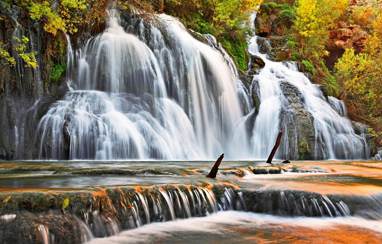 Фото обои осень, водопад, waterfall, navajo falls