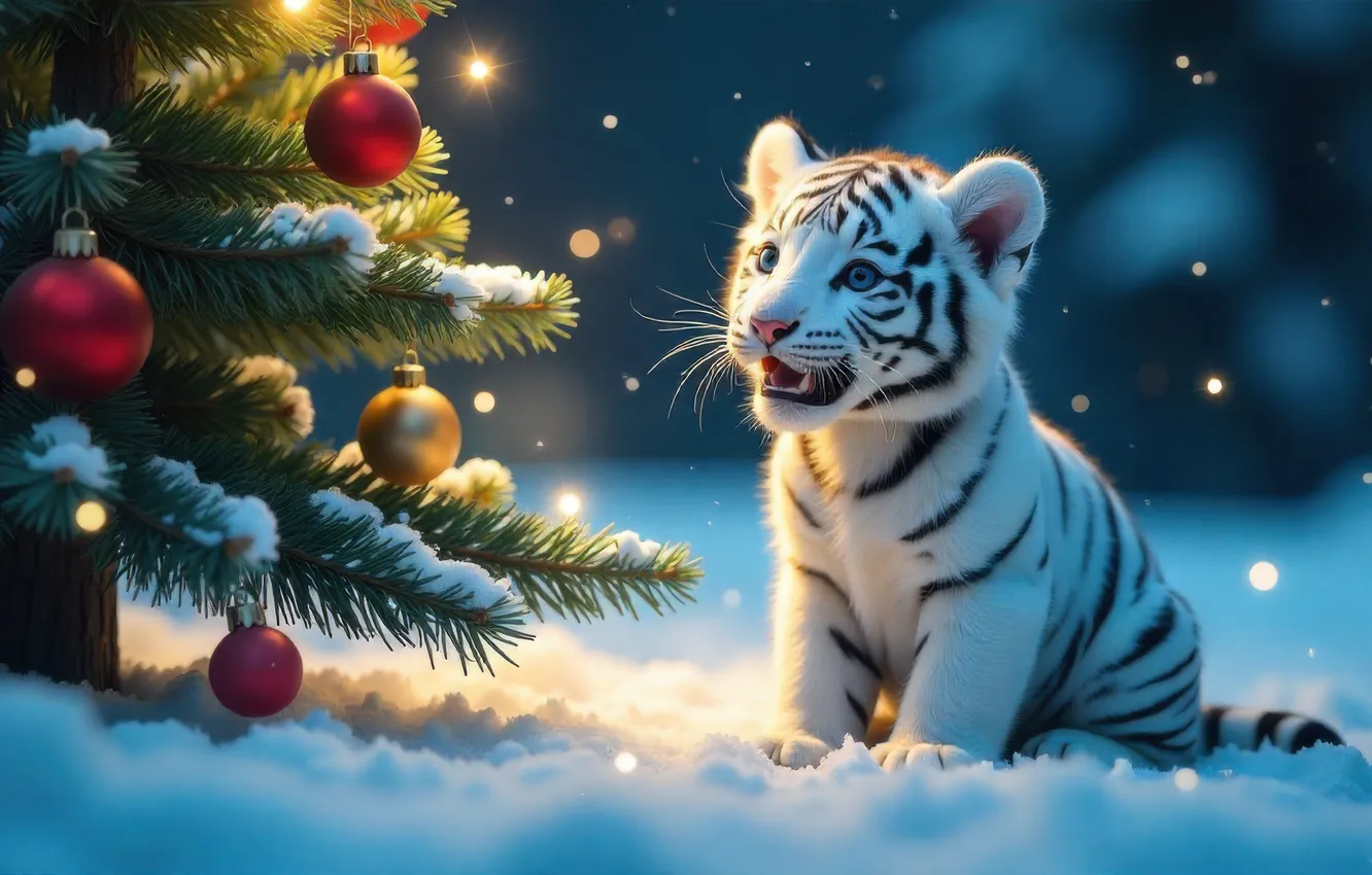 Фото обои зима, белый, взгляд, шарики, свет, снег, ночь, ветки