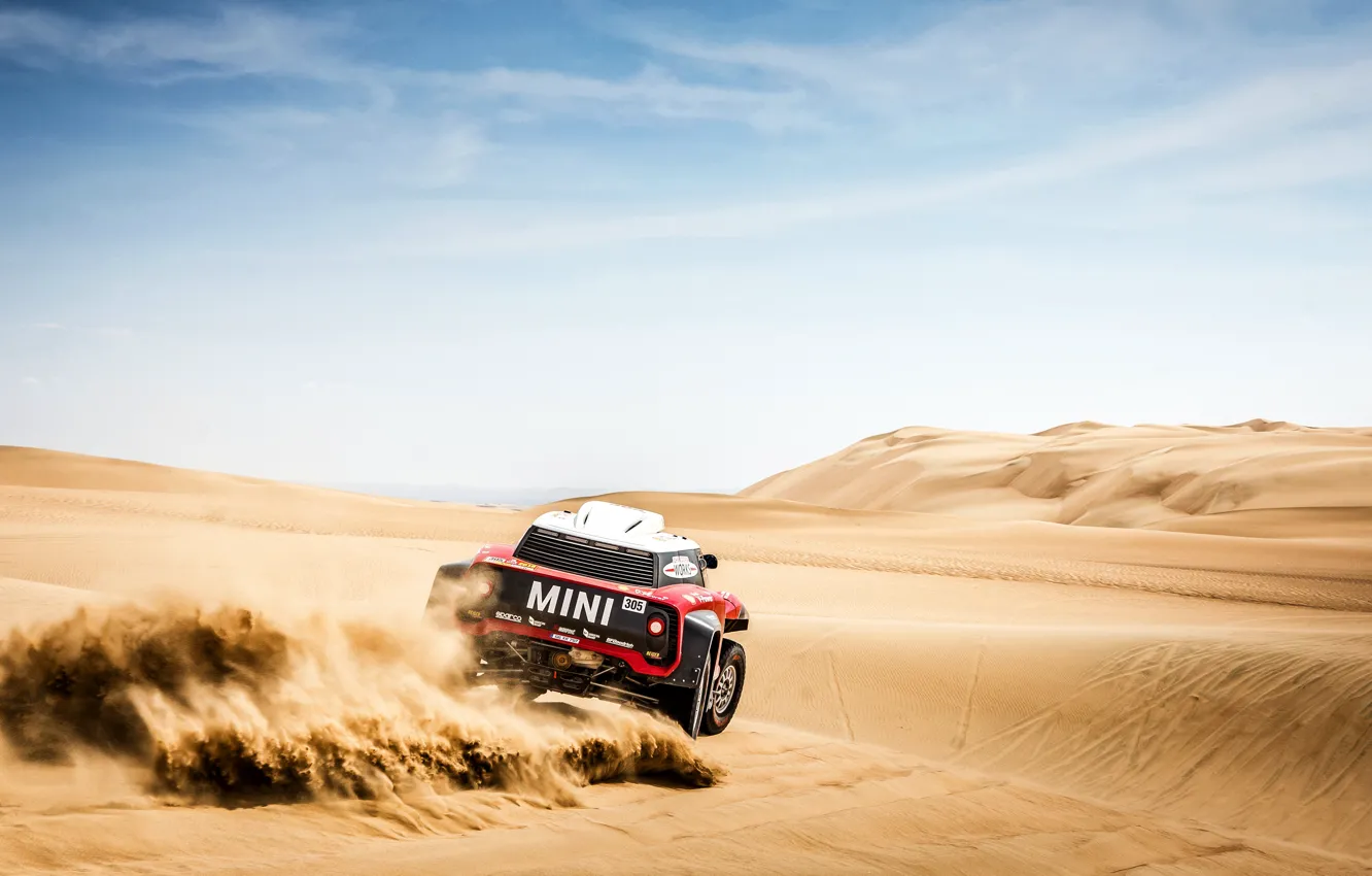 Фото обои Небо, Песок, Mini, Спорт, Пустыня, Скорость, Rally, Dakar