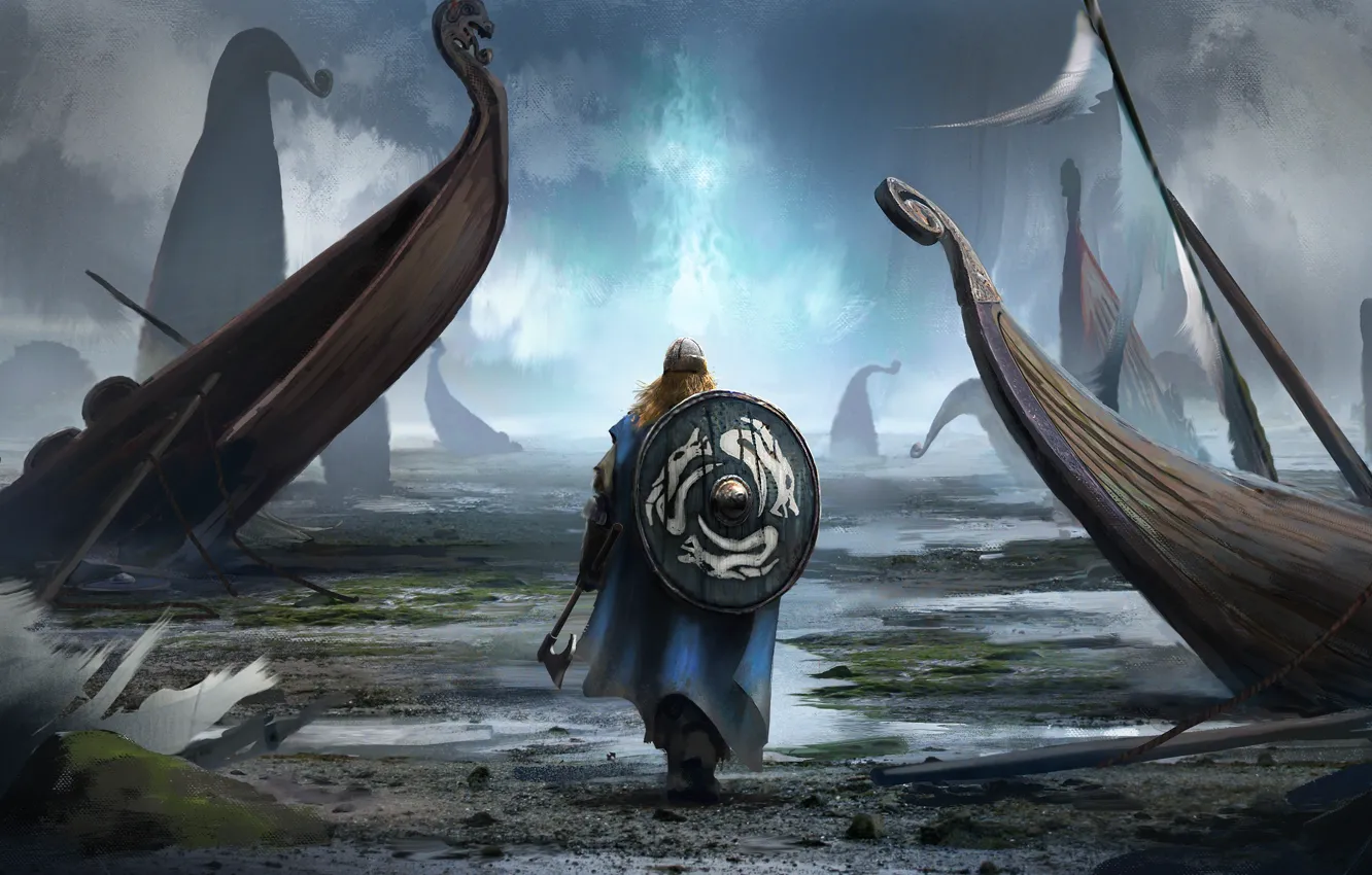 Фото обои axe, man, viking, shield, helmet, bolt, viking cataclysm
