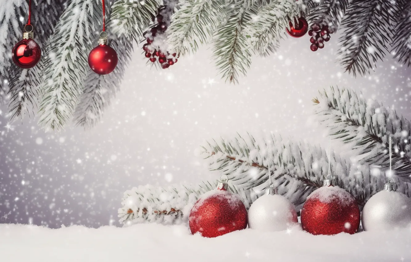 Фото обои зима, снег, украшения, шары, Новый Год, Рождество, new year, Christmas