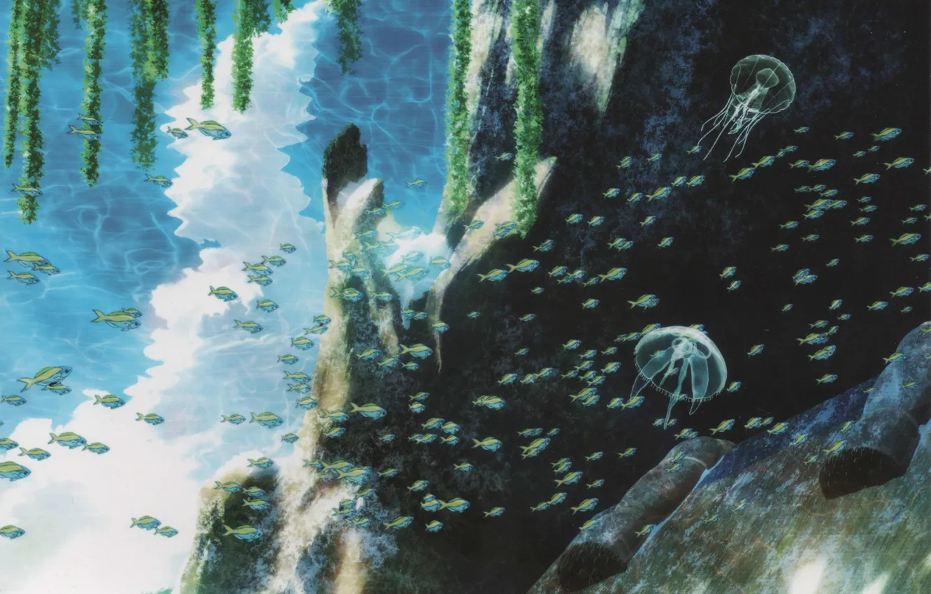 Фото обои рыбки, скала, блики, медузы, подводный мир, Nagi no Asukara, Когда успокоится море, by Hideki Takahashi