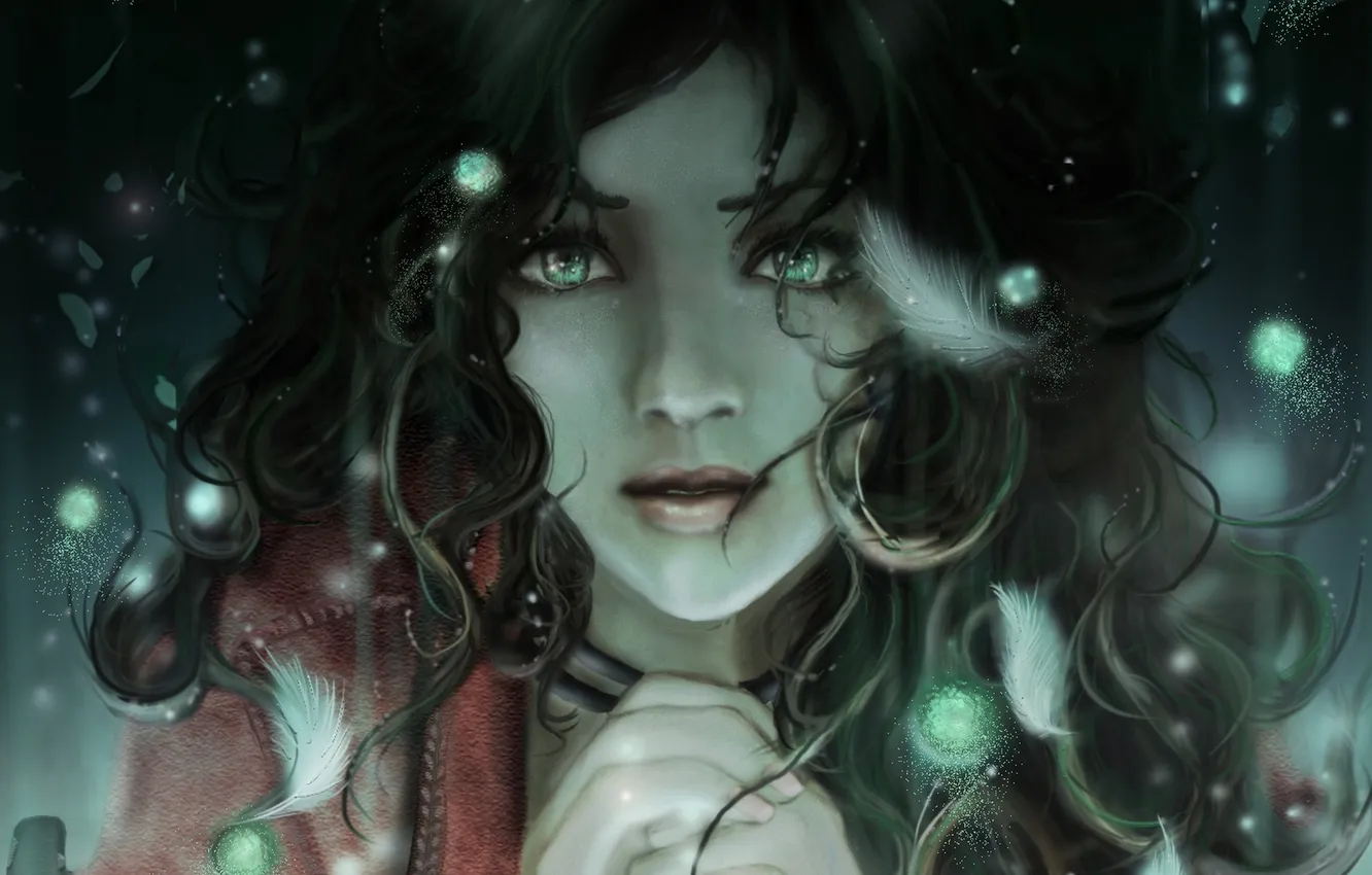 Фото обои глаза, девушка, лицо, магия, аниме, перья, арт, aerith gainsborough