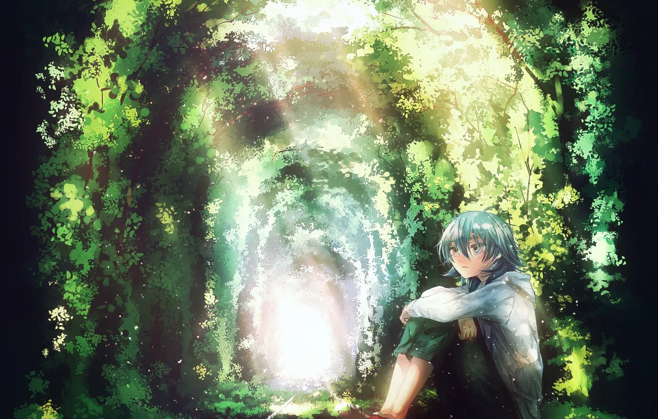 Фото обои свет, деревья, листва, рельсы, аниме, арт, парень, asano moi