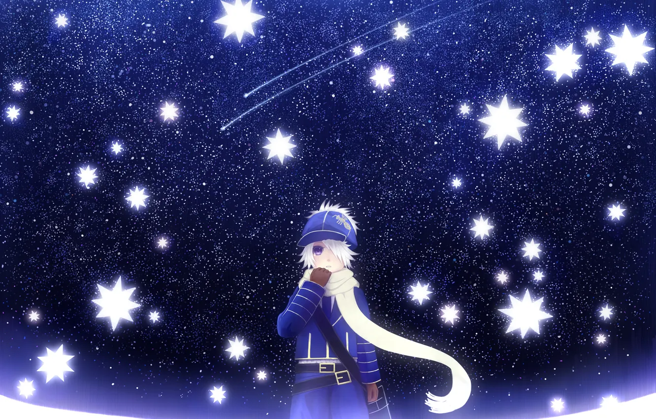 Фото обои небо, звезды, ночь, аниме, мальчик, арт, bounin, пчелиная почта