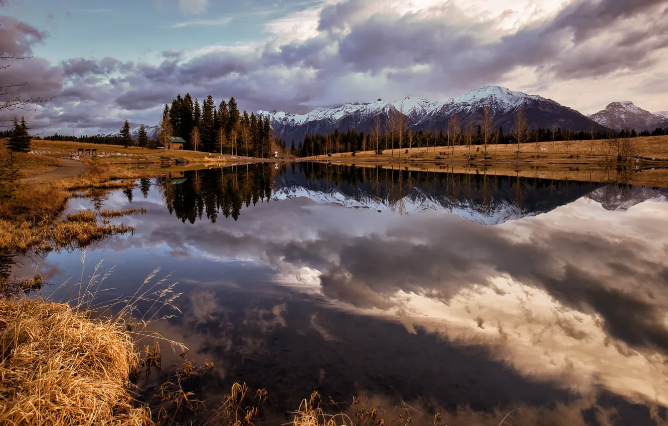 Фото обои горы, озеро, отражение, Alberta, Canmore