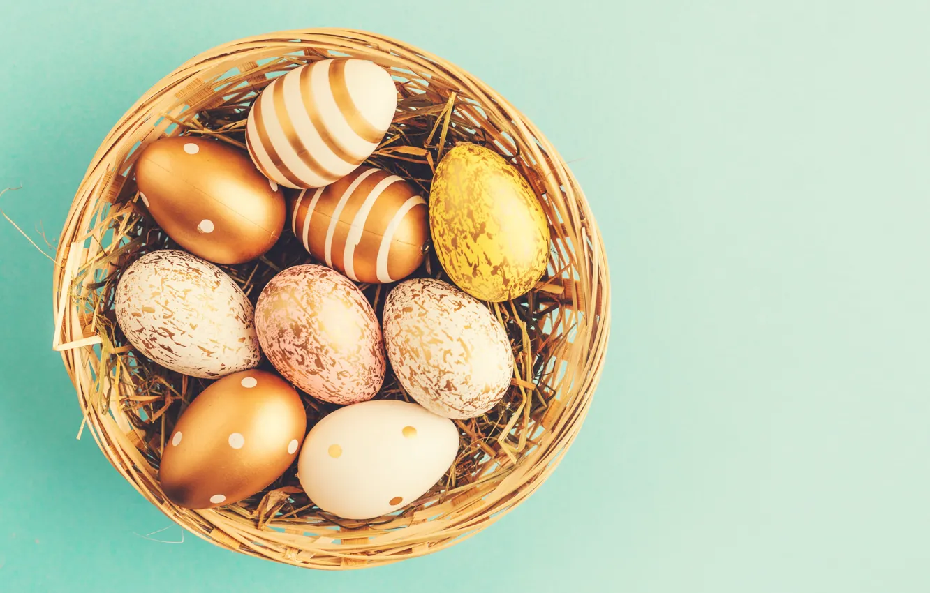 Фото обои фон, яйца, Пасха, happy, корзинка, eggs, easter, decoration