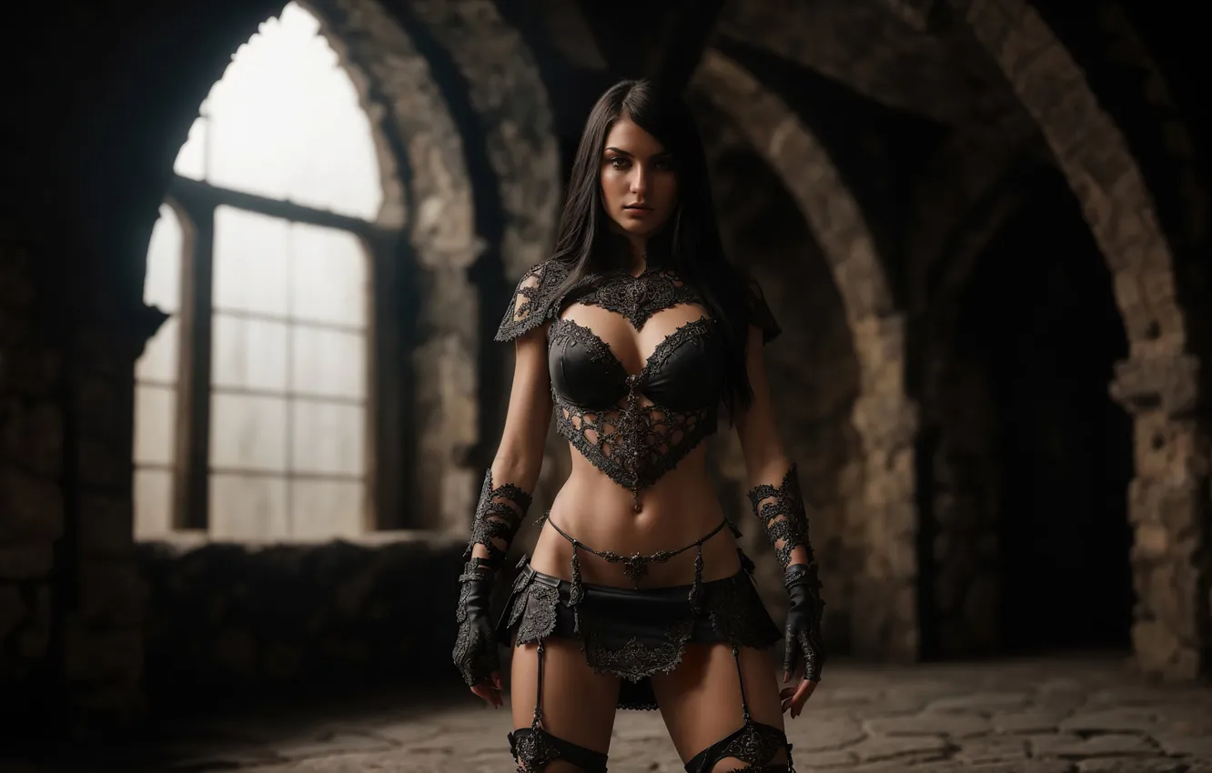 Фото обои girl, fantasy, art, castle, fantasy art, black clothes, fantasy girl, Stable Diffusion