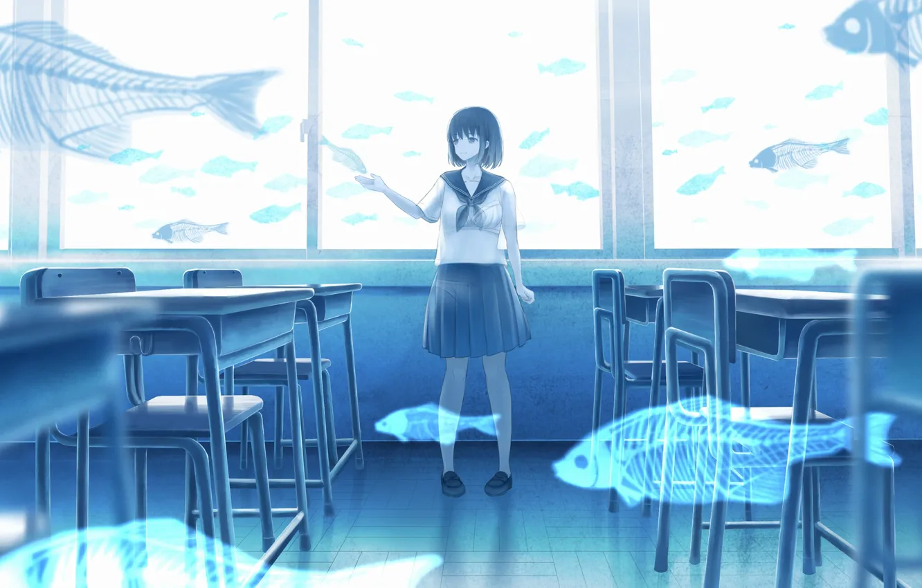 Фото обои рыбы, класс, школьница, призраки