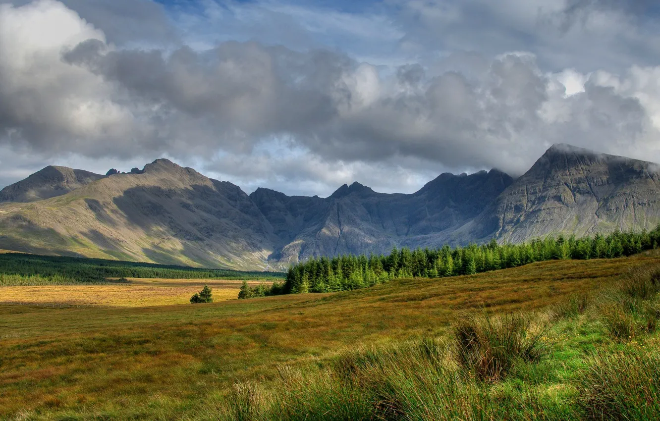 Фото обои небо, трава, облака, деревья, горы, склон, шотландия