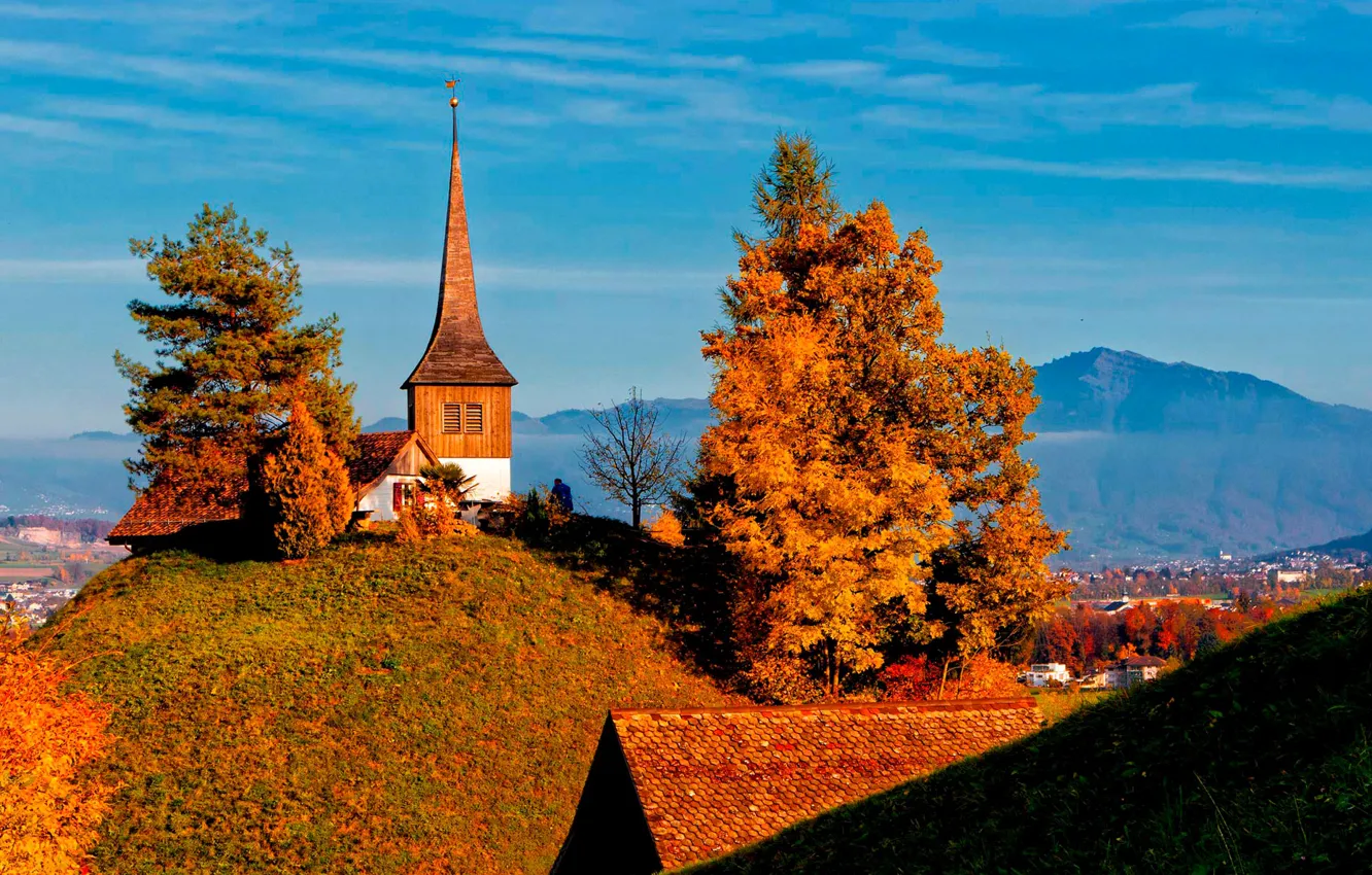 Фото обои осень, деревья, горы, дома, Швейцария, долина