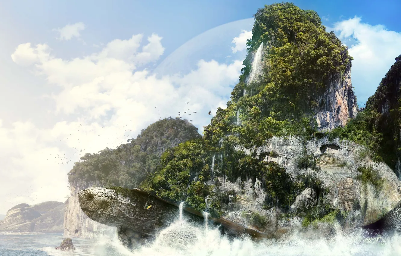 Фото обои горы, фантазия, океан, растительность, остров, черепаха, desktop, фентази