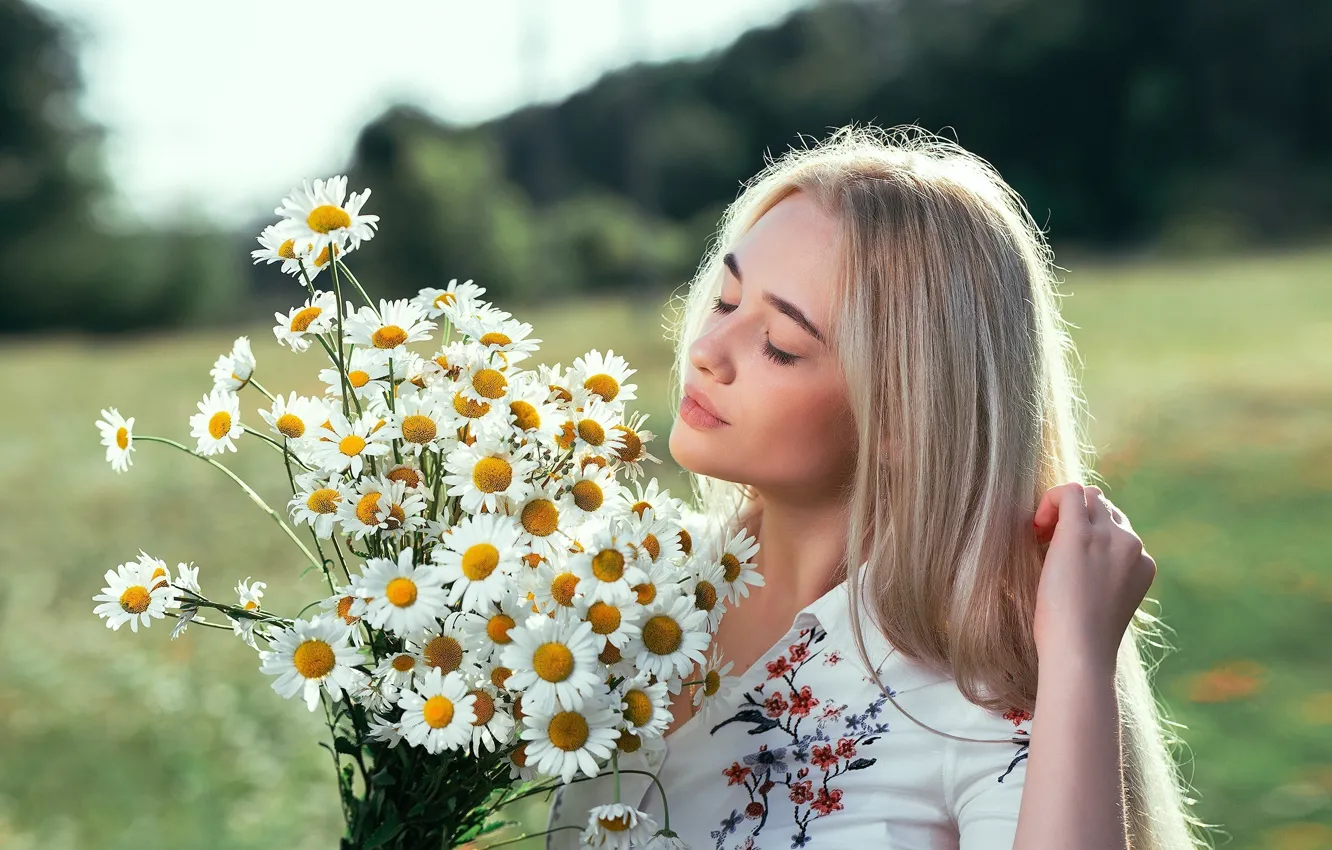 Фото обои девушка, свет, цветы, природа, лицо, поза, ромашки, блондинка