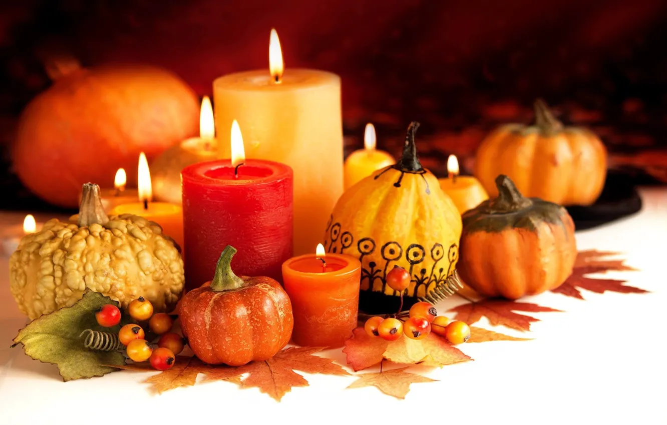 Фото обои свечи, хеллоуин, тыковки