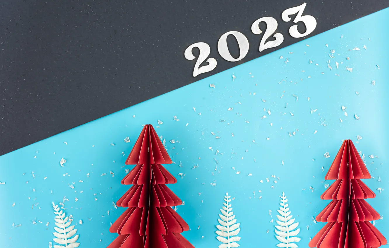 Фото обои листья, снег, игрушки, линия, цифры, красные, Новый год, серый фон