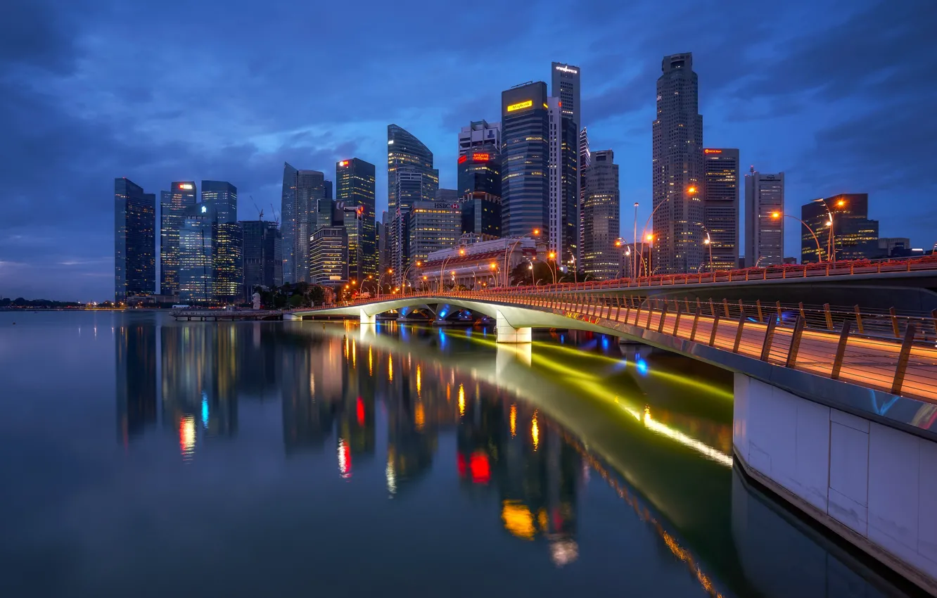 Фото обои ночь, огни, Сингапур, мегаполис, Singapore