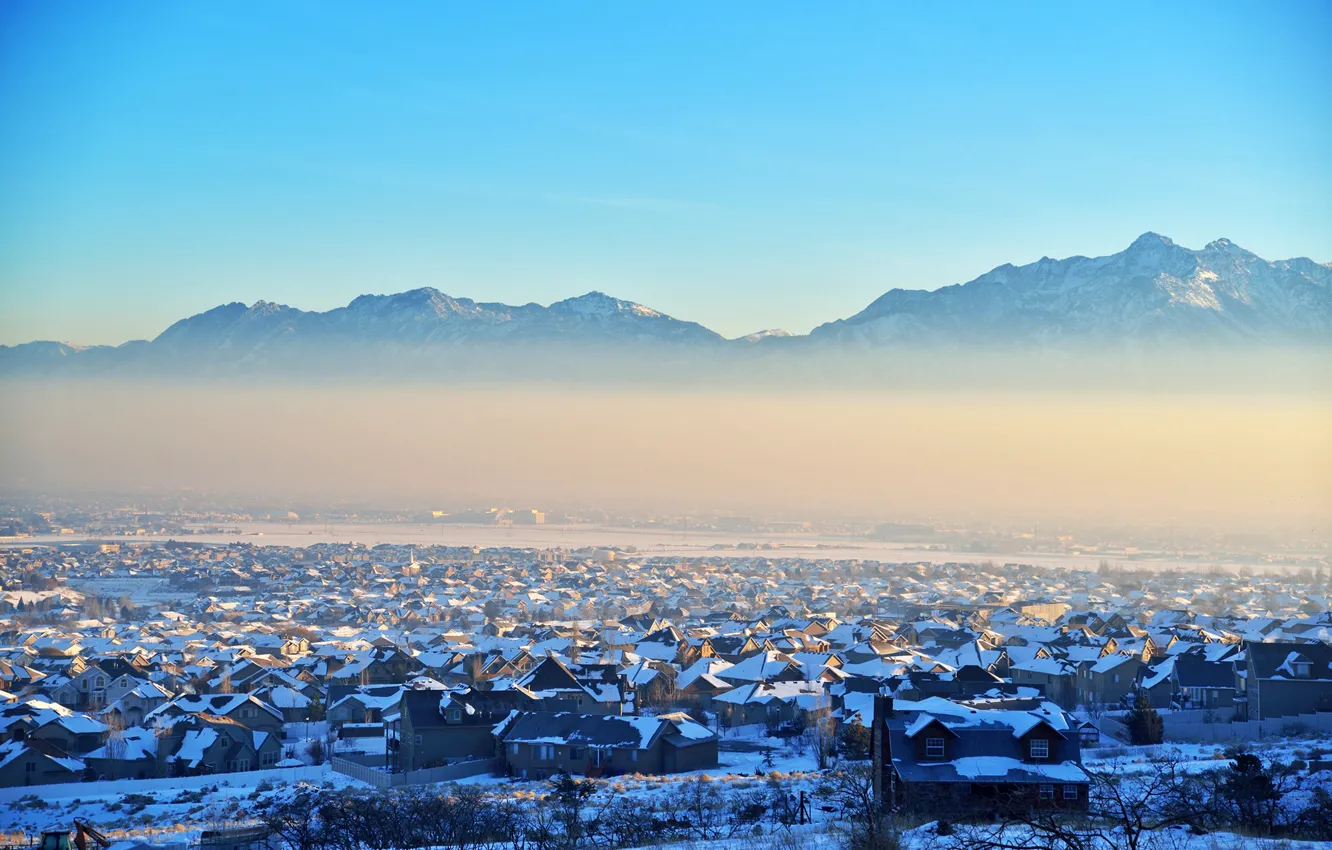 Фото обои зима, горы, природа, город, озеро, здания, дома, Юта