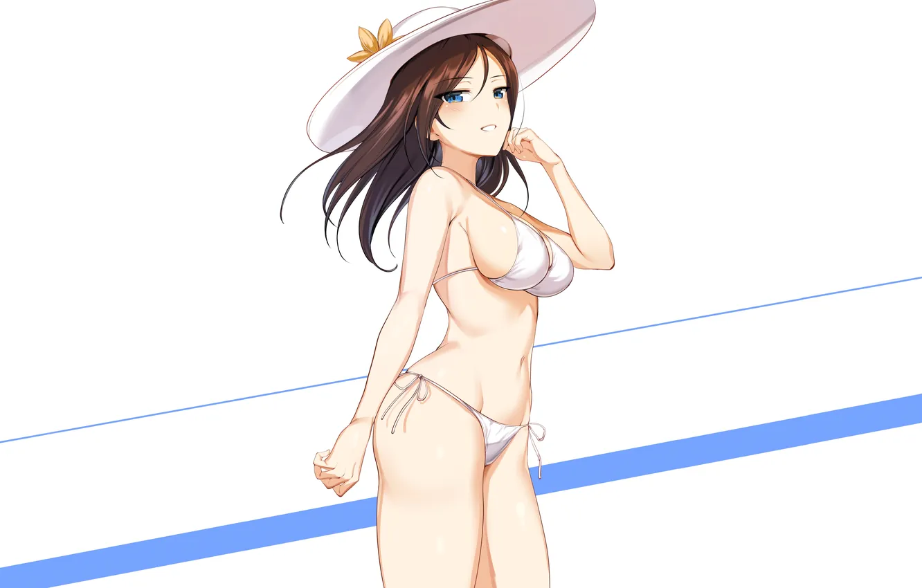 Фото обои girl, sexy, cleavage, long hair, hat, brown hair, boobs, anime
