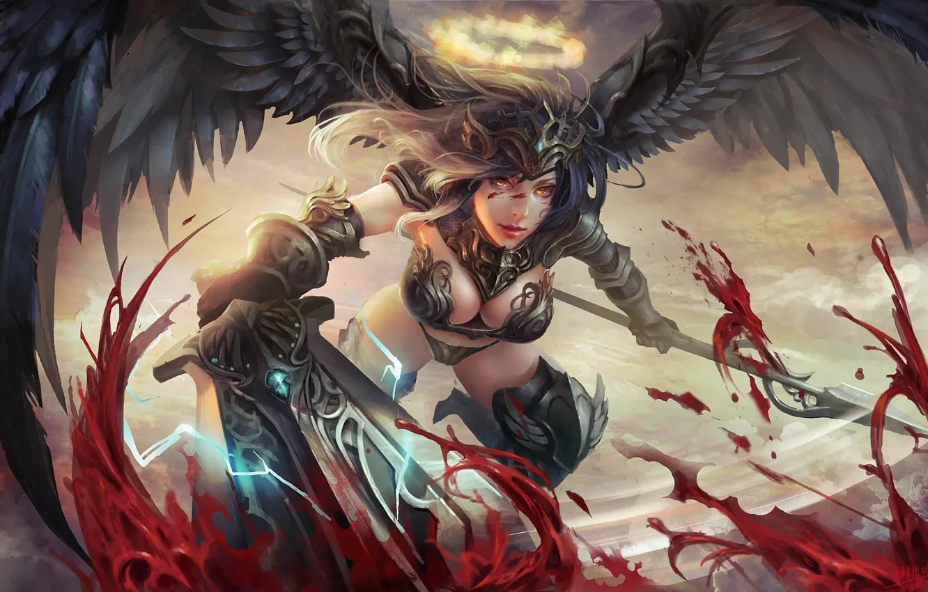 Фото обои оружие, кровь, крылья, ангел, меч, арт, копье, нимб