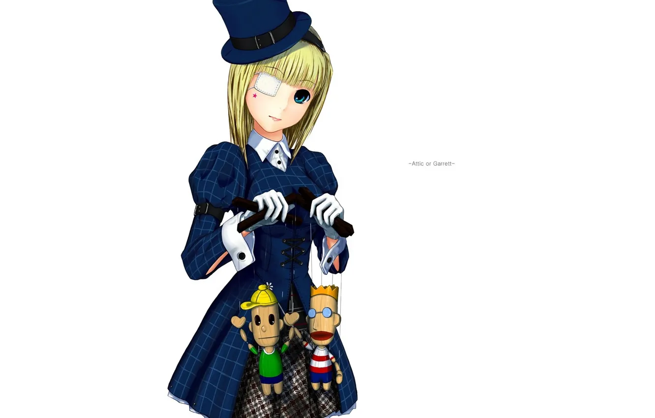 Фото обои куклы, шляпа, девочка, белый фон, перчатки, art, повязка на глаз, манжеты