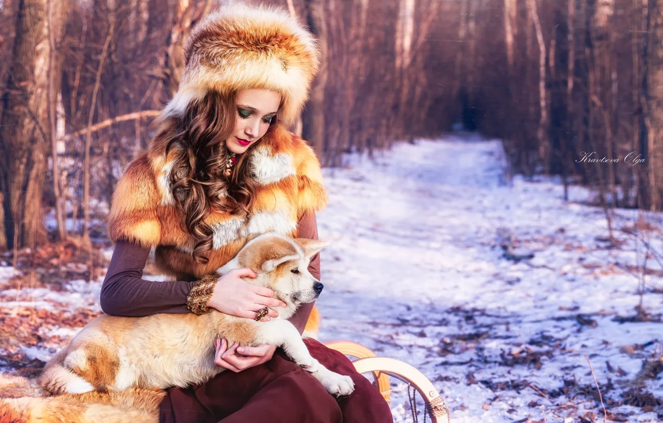 Фото обои зима, девушка, шапка, щенок, меха