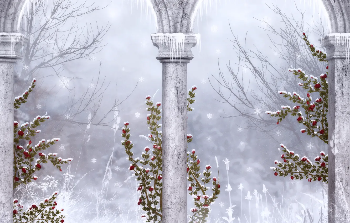 Фото обои зима, снежинки, готика, сосульки, колонны, руины
