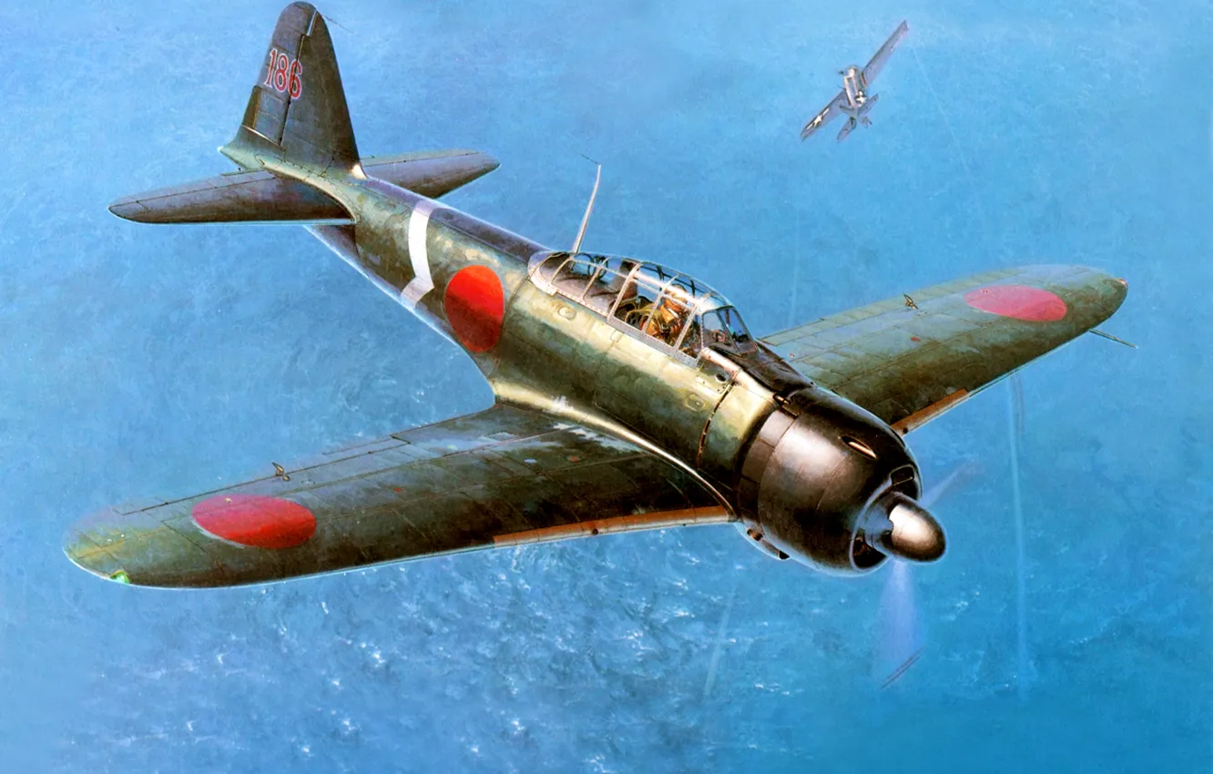 Фото обои рисунок, арт, палубный истребитель, WW2, Mitsubishi A6M3 22 Reisen (Type 0) японский