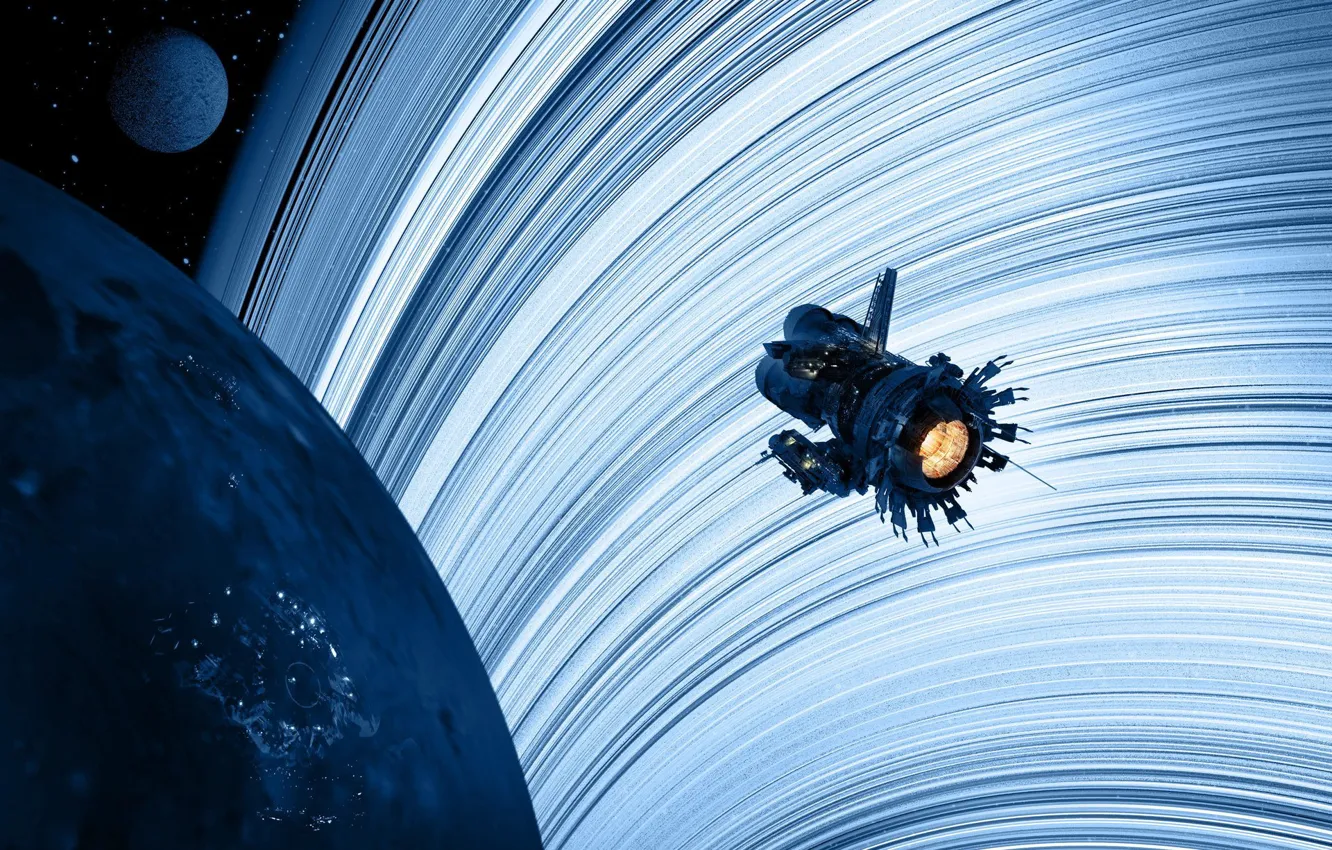 Фото обои космос, планеты, звёзды, аппарат, Blue rings