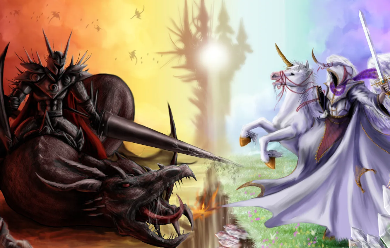 Фото обои фантастика, конь, добро, дракон, ангел, меч, доспехи, демон