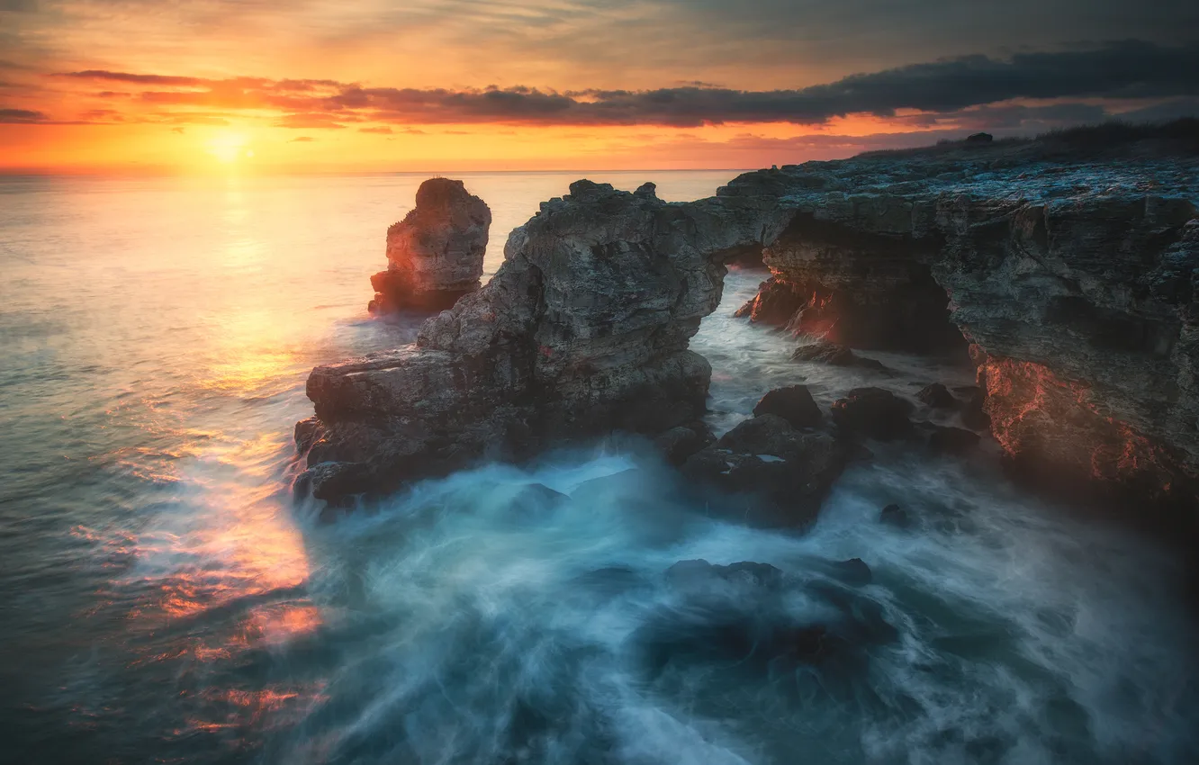 Фото обои море, восход, скалы, рассвет, утро, Болгария, Чёрное море, Bulgaria