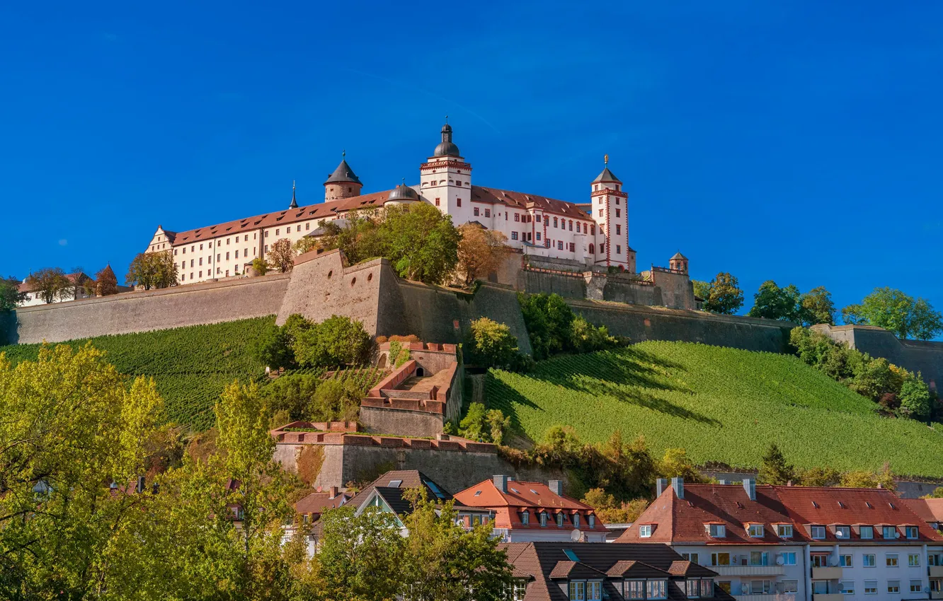 Фото обои деревья, замок, дома, Германия, Бавария, холм, крепость, Germany