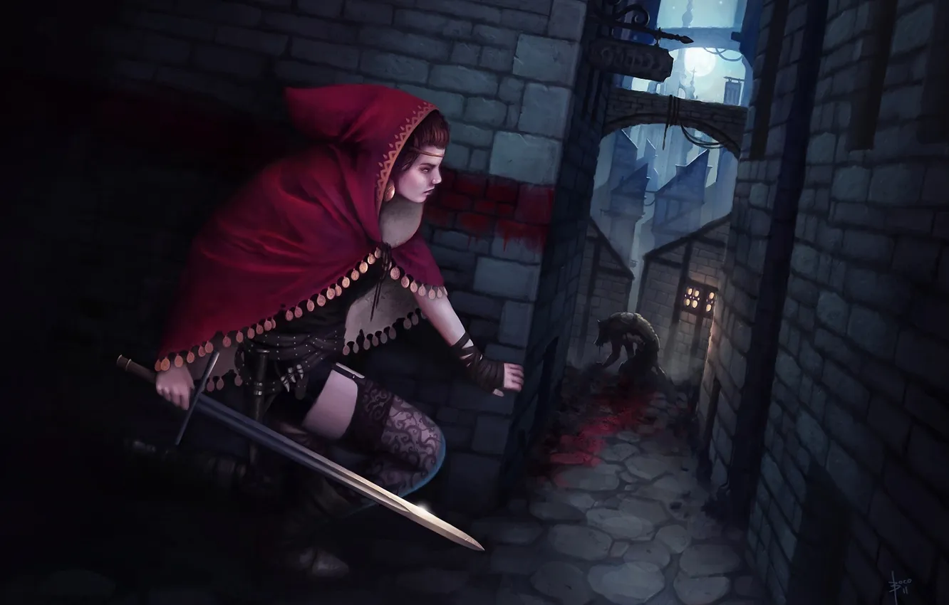 Фото обои девушка, город, оружие, улица, монстр, меч, арт, капюшон