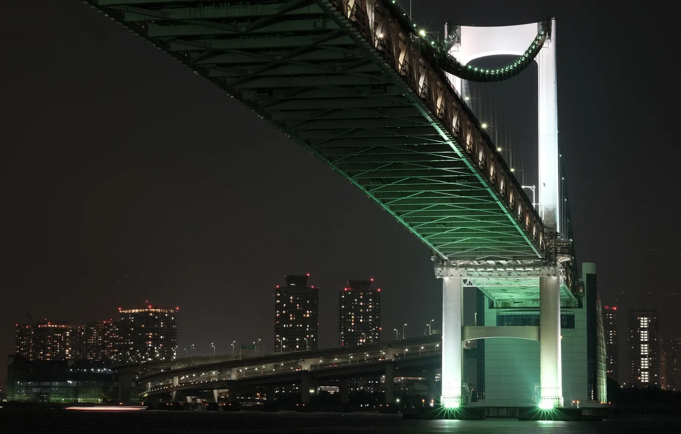 Фото обои мост, город, Япония, Токио, залив, Tokyo, Japan, Rainbow Bridge
