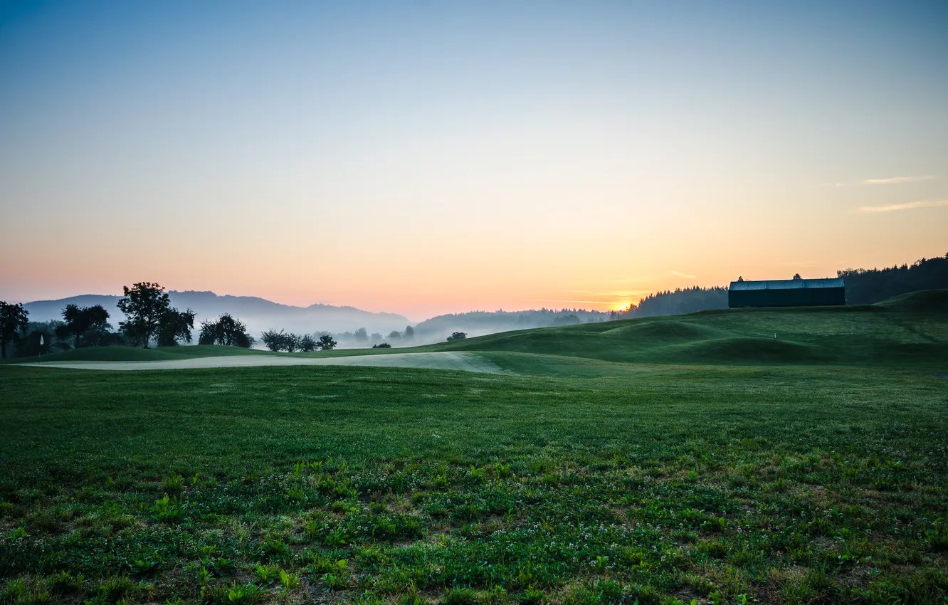Фото обои туман, утро, поле для гольфа