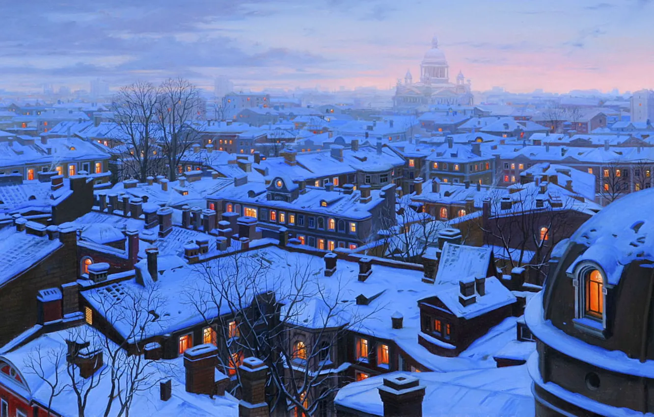 Фото обои зима, снег, город, дома, вечер, крыши, Санкт-Петербург, собор