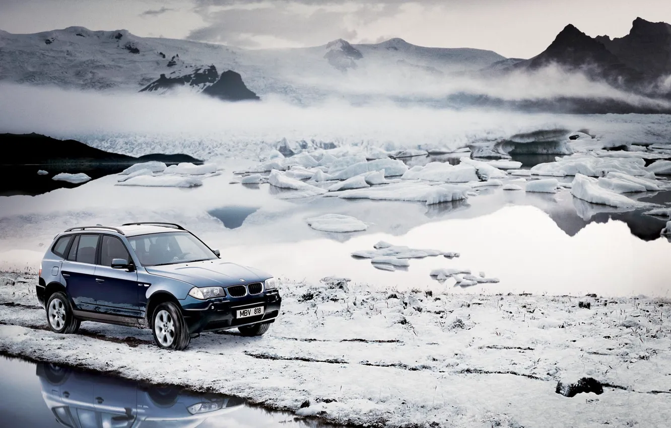 Фото обои холод, зима, небо, вода, снег, горы, машины, туман