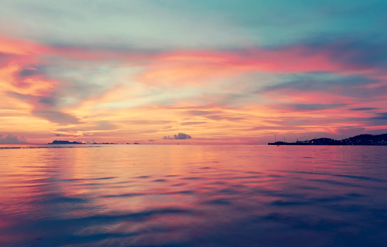 Фото обои море, пляж, небо, закат, розовый, beach, sky, sea