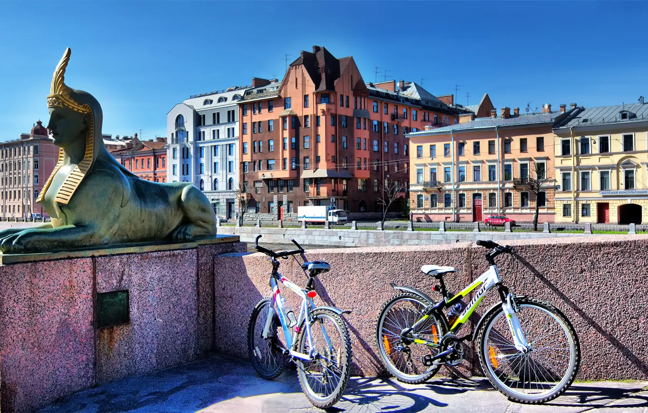 Фото обои Солнце, Санкт-Петербург, велосипеды, сфинкс, Фонтанка