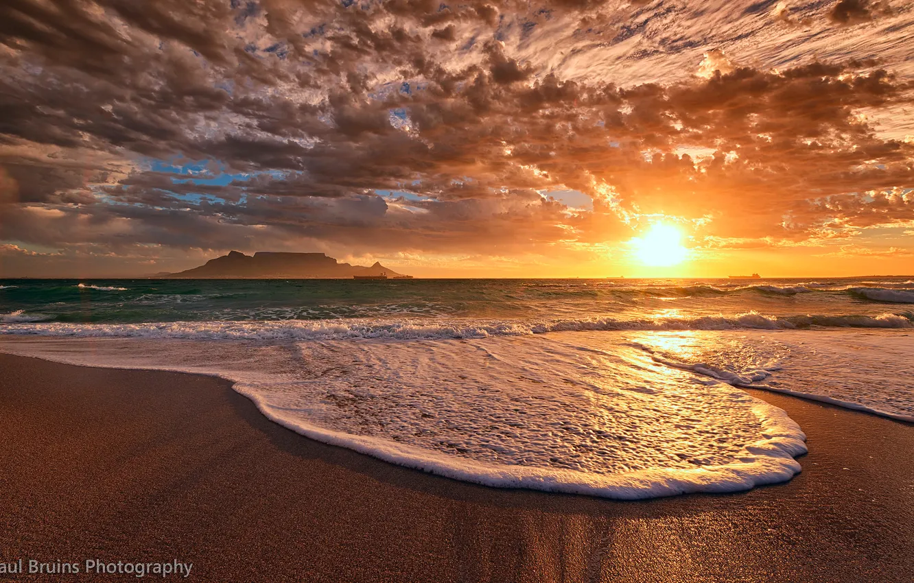 Фото обои пляж, небо, пена, солнце, облака, закат, океан, вечер