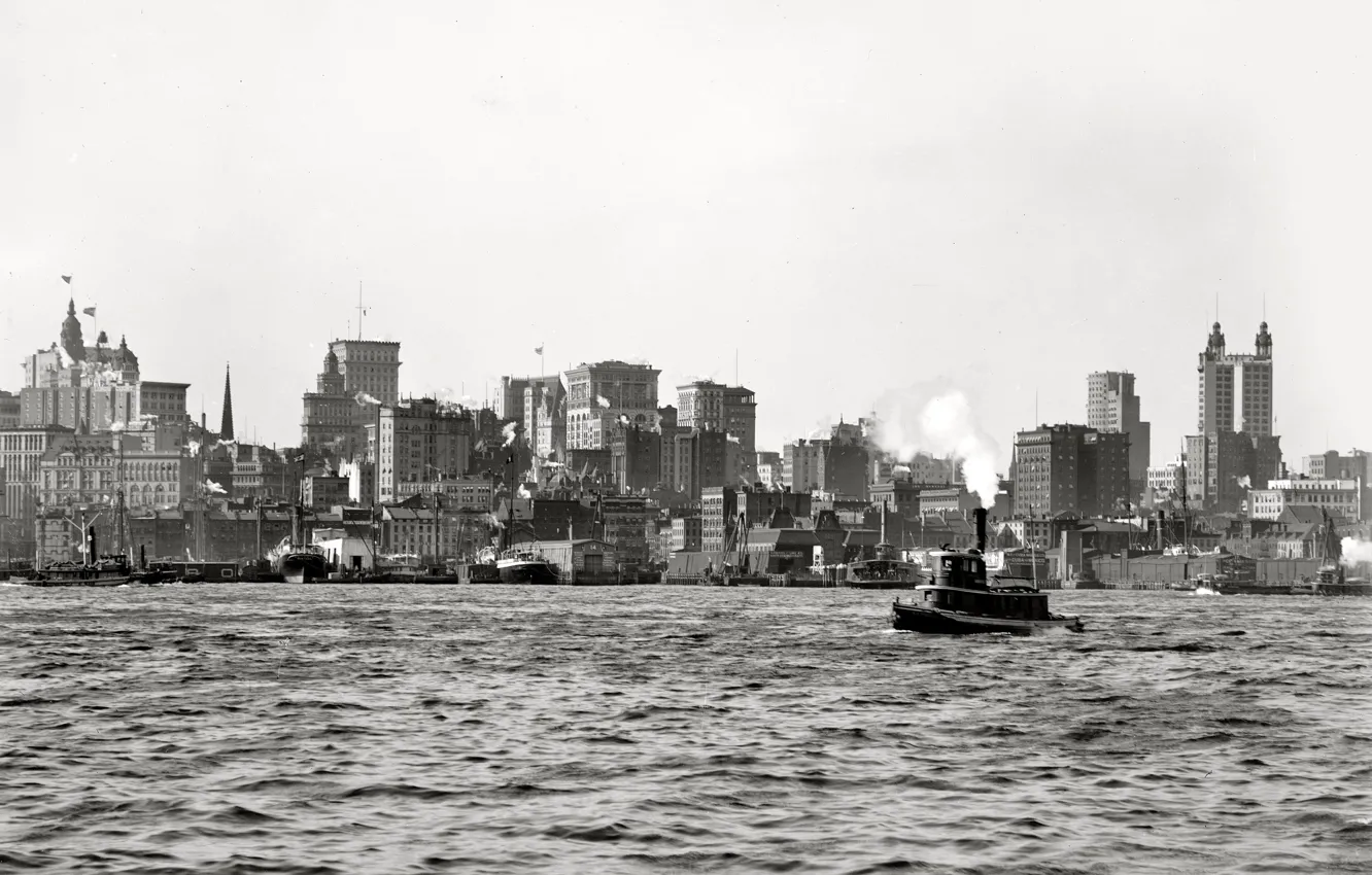 Фото обои ретро, дома, Нью-Йорк, пароход, США, Ист-Ривер, 1900-й год