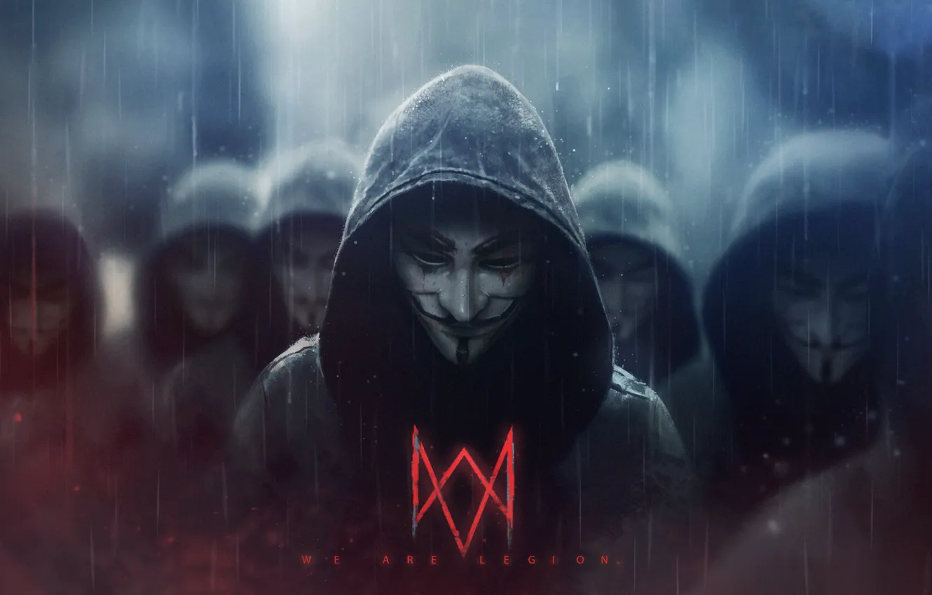 Фото обои Art, Rain, Legion, Anonymous, Concept Art, Watch Dogs, Mask, People