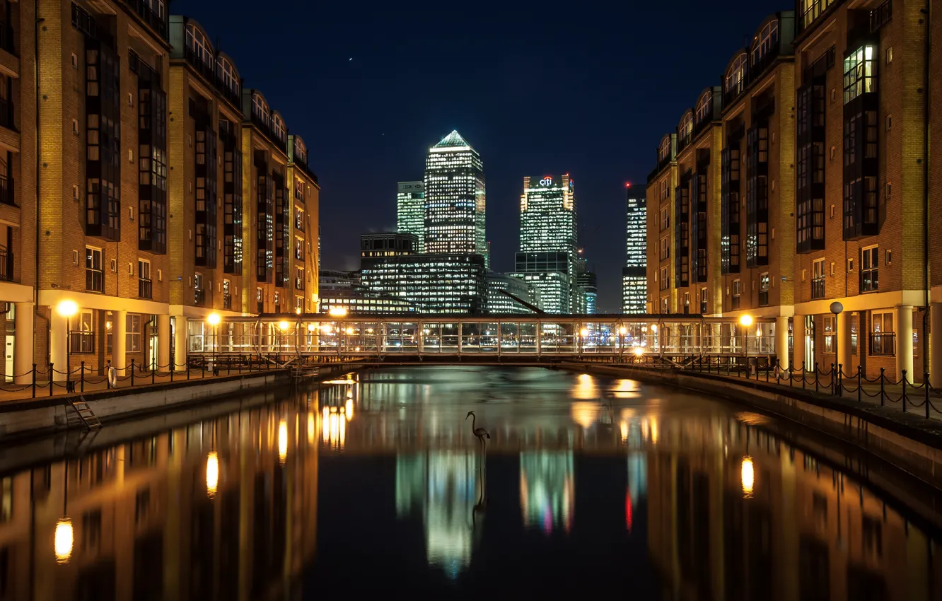 Фото обои ночь, мост, город, река, Англия, Лондон, дома, небоскребы