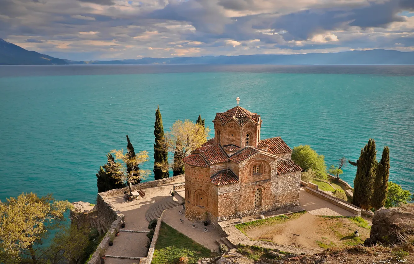 Фото обои озеро, церковь, Ohrid, Lake Ohrid, Church of Saint John at Kaneo, Охрид, Охридское озеро, Церковь …