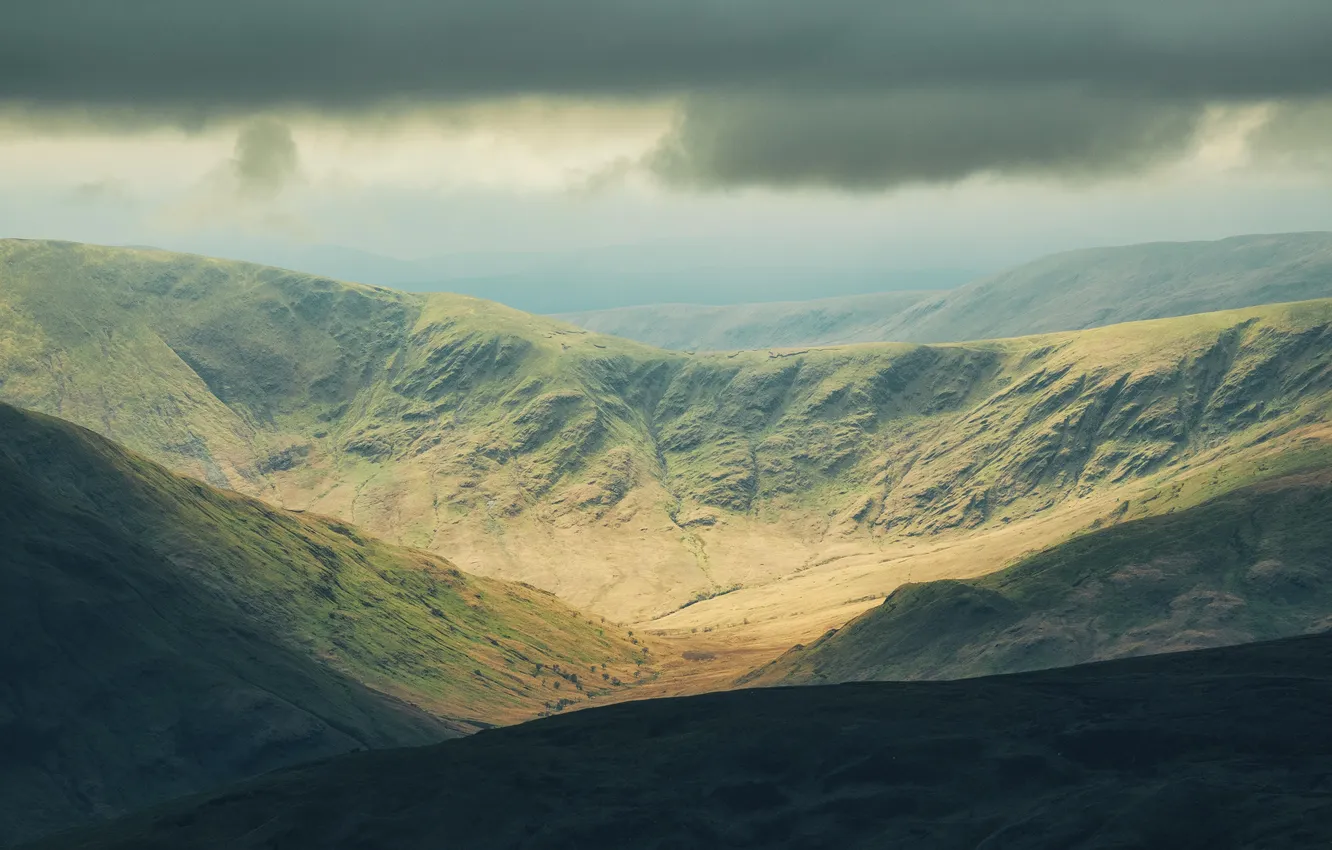 Фото обои field, landscape, nature, Europe, mountains, clouds, hills, Scotland