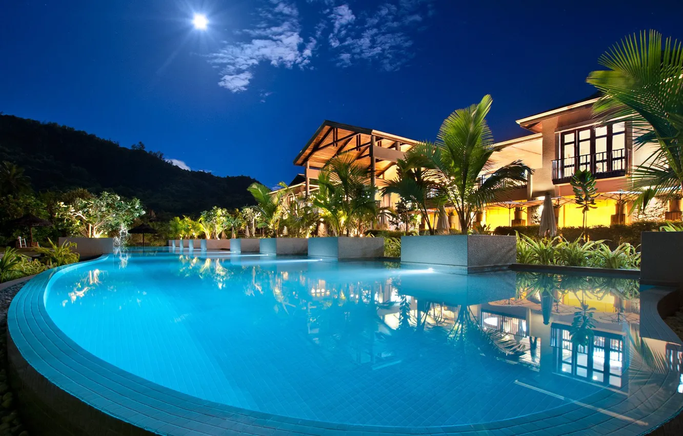 Фото обои вилла, вечер, бассейн, курорт, Seychelles, Resort, Petit Anse