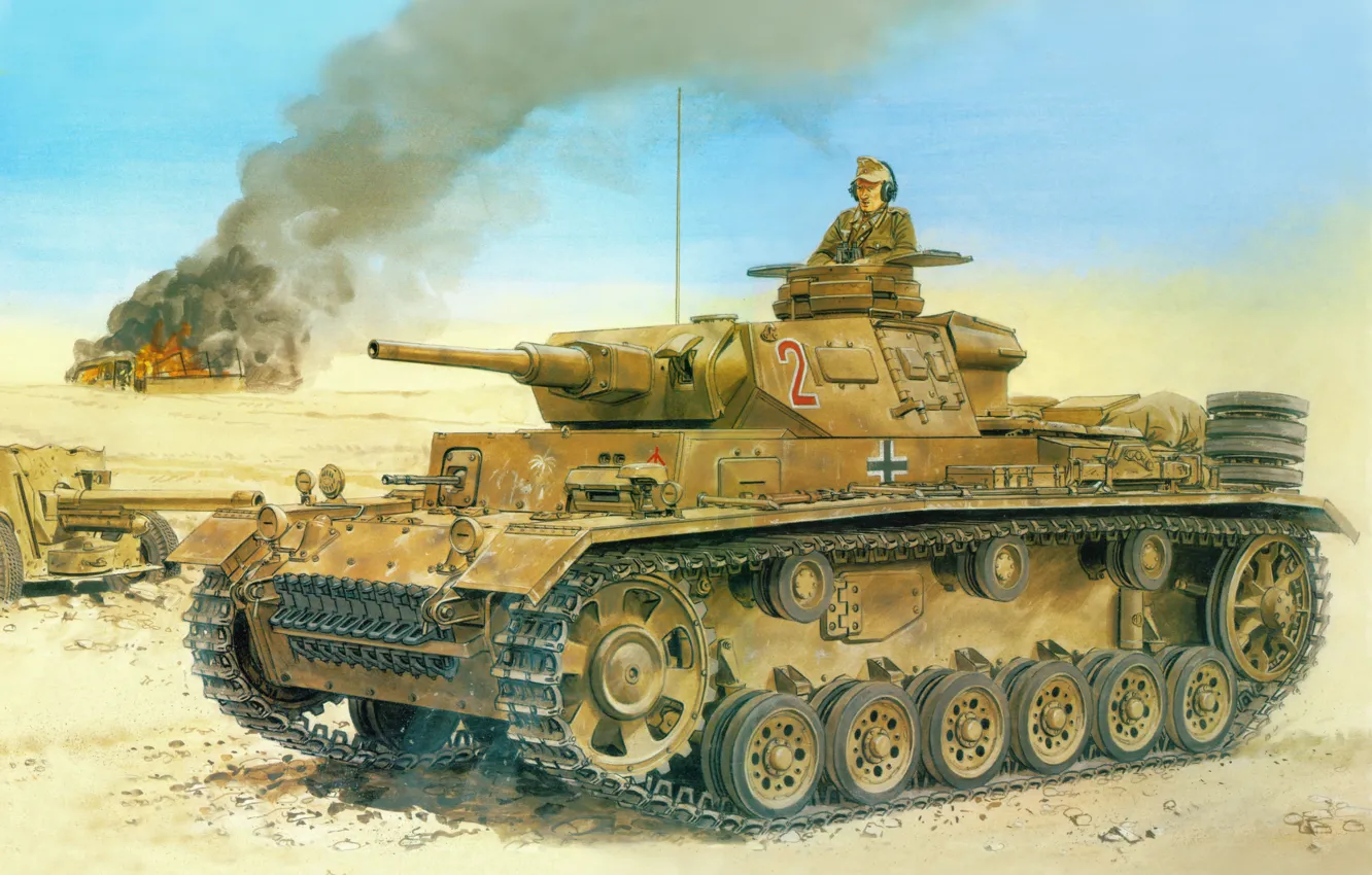 Фото обои обломки, пустыня, Рисунок, танк, пушка, немцы, Вермахт, Panzerkampfwagen III
