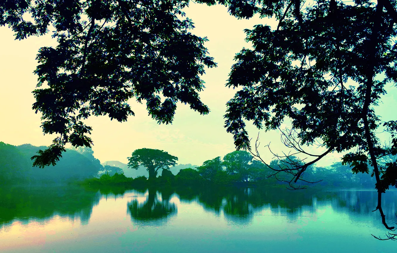 Фото обои Sky, Water, Cloudy, Sunrise, Dawn, Morning, Lake, Trees