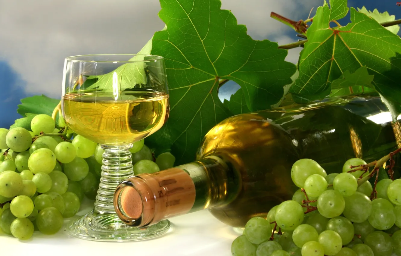 Фото обои вино, бокал, бутылка, виноград, гроздь