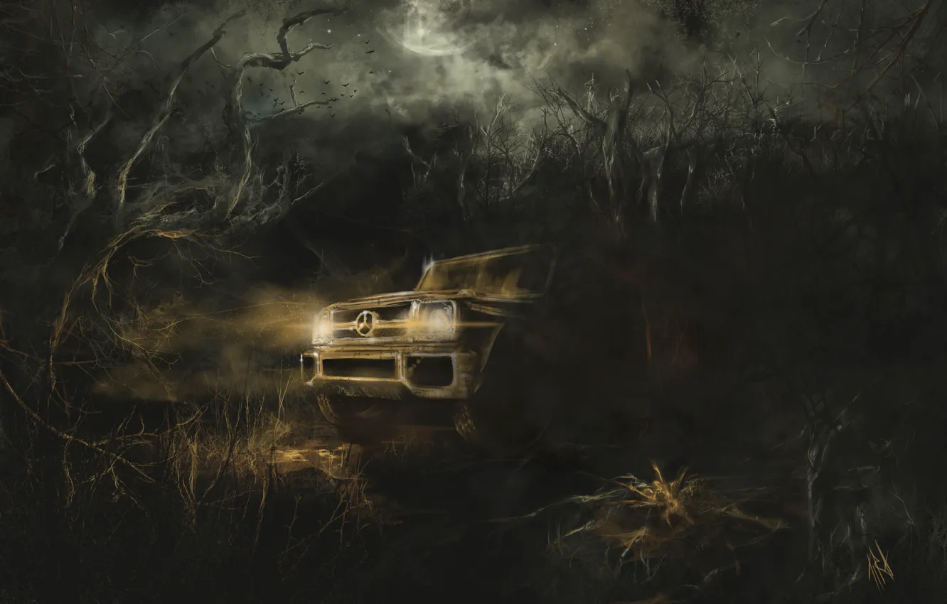Фото обои машина, лес, ночь, темнота, луна, паук, чаща, арт