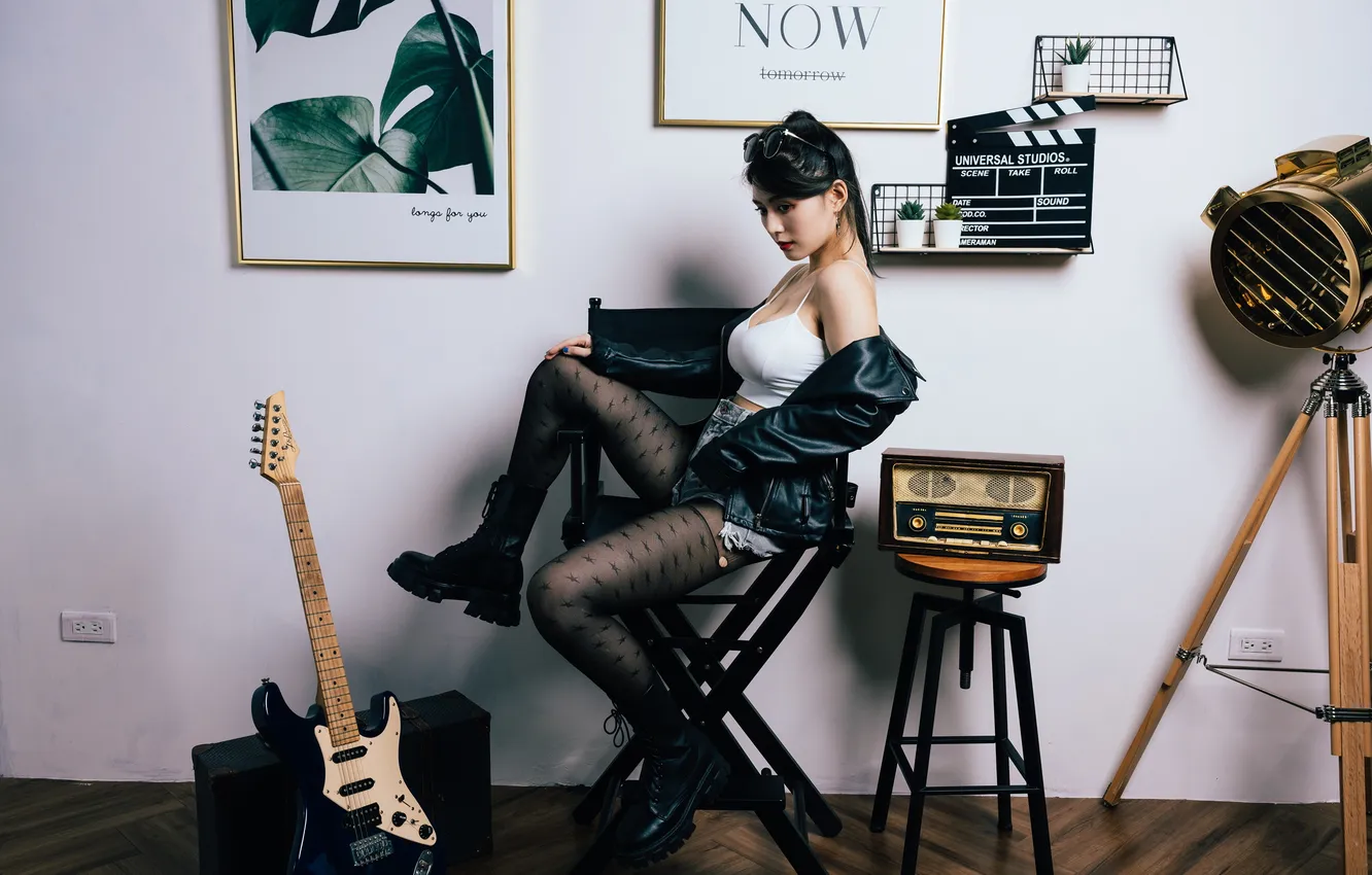 Фото обои guitar, Asian, long hair, ponytail, model, chair, women, sitting